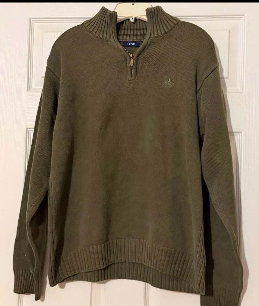 Izod Quarter Zip Sweater Size L Olive Green Mock Neck Pullover